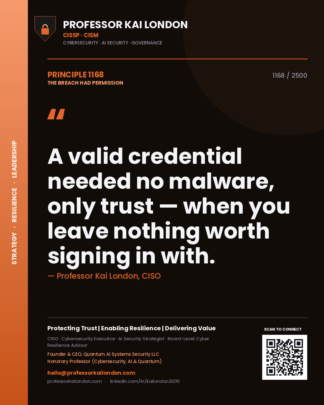 Quote card by Professor Kai London reading 'A valid credential needed no malware, only trust — when you leave nothing worth signing in with.'. From the book The Breach Had Permission.