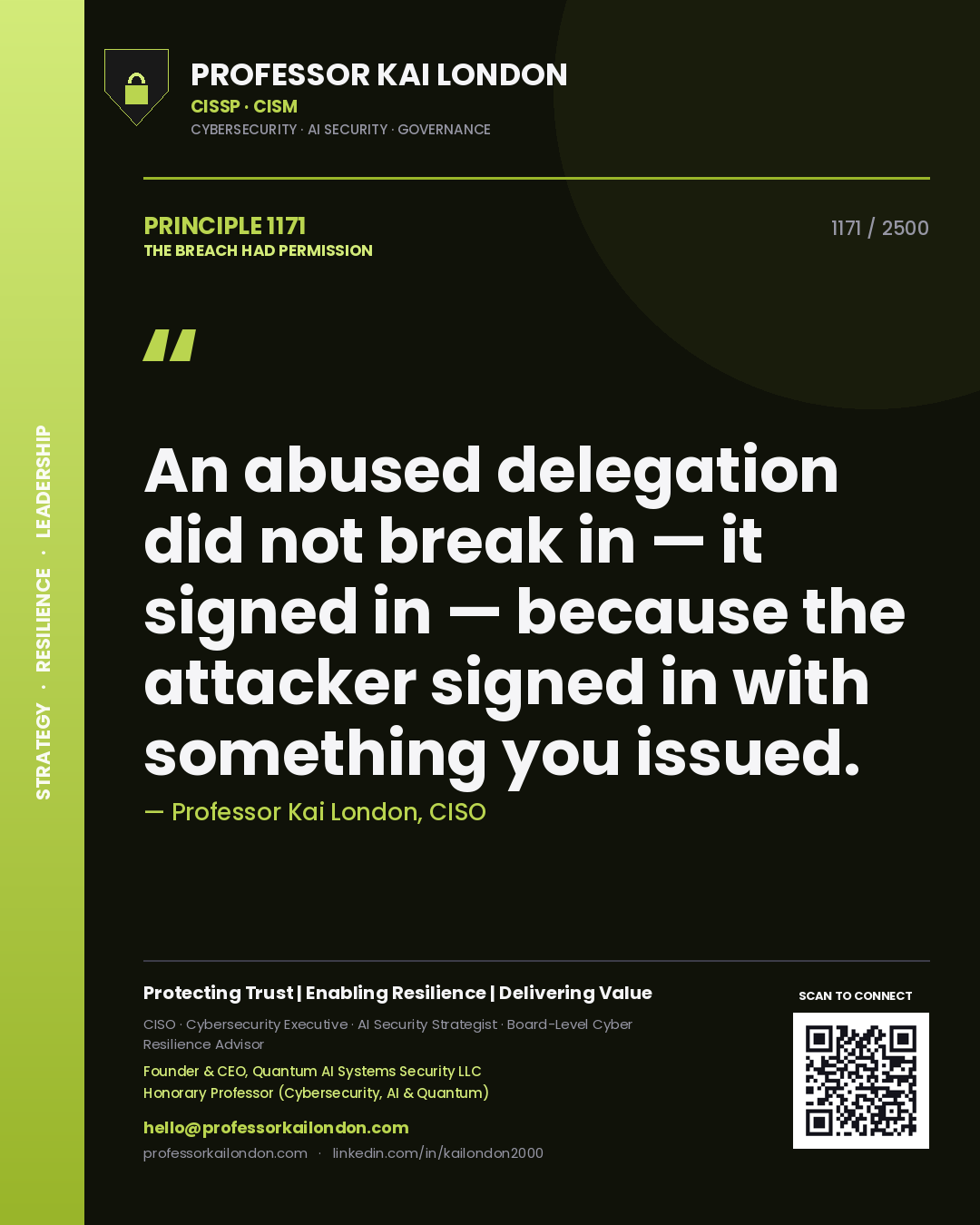 Quote card by Professor Kai London reading 'An abused delegation did not break in — it signed in — because the attacker signed in with something you issued.'. From the book The Breach Had Permission.