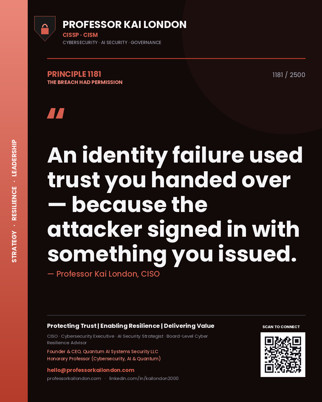Quote card by Professor Kai London reading 'An identity failure used trust you handed over — because the attacker signed in with something you issued.'. From the book The Breach Had Permission.