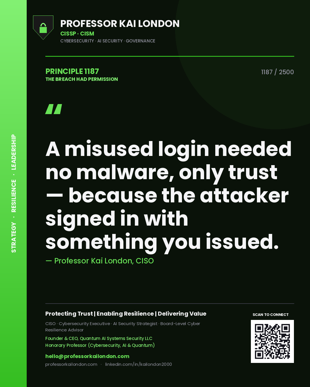 Quote card by Professor Kai London reading 'A misused login needed no malware, only trust — because the attacker signed in with something you issued.'. From the book The Breach Had Permission.