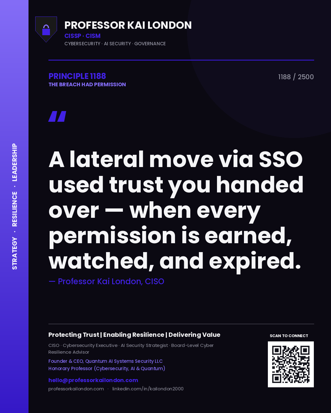 Quote card by Professor Kai London reading 'A lateral move via SSO used trust you handed over — when every permission is earned, watched, and expired.'. From the book The Breach Had Permission.