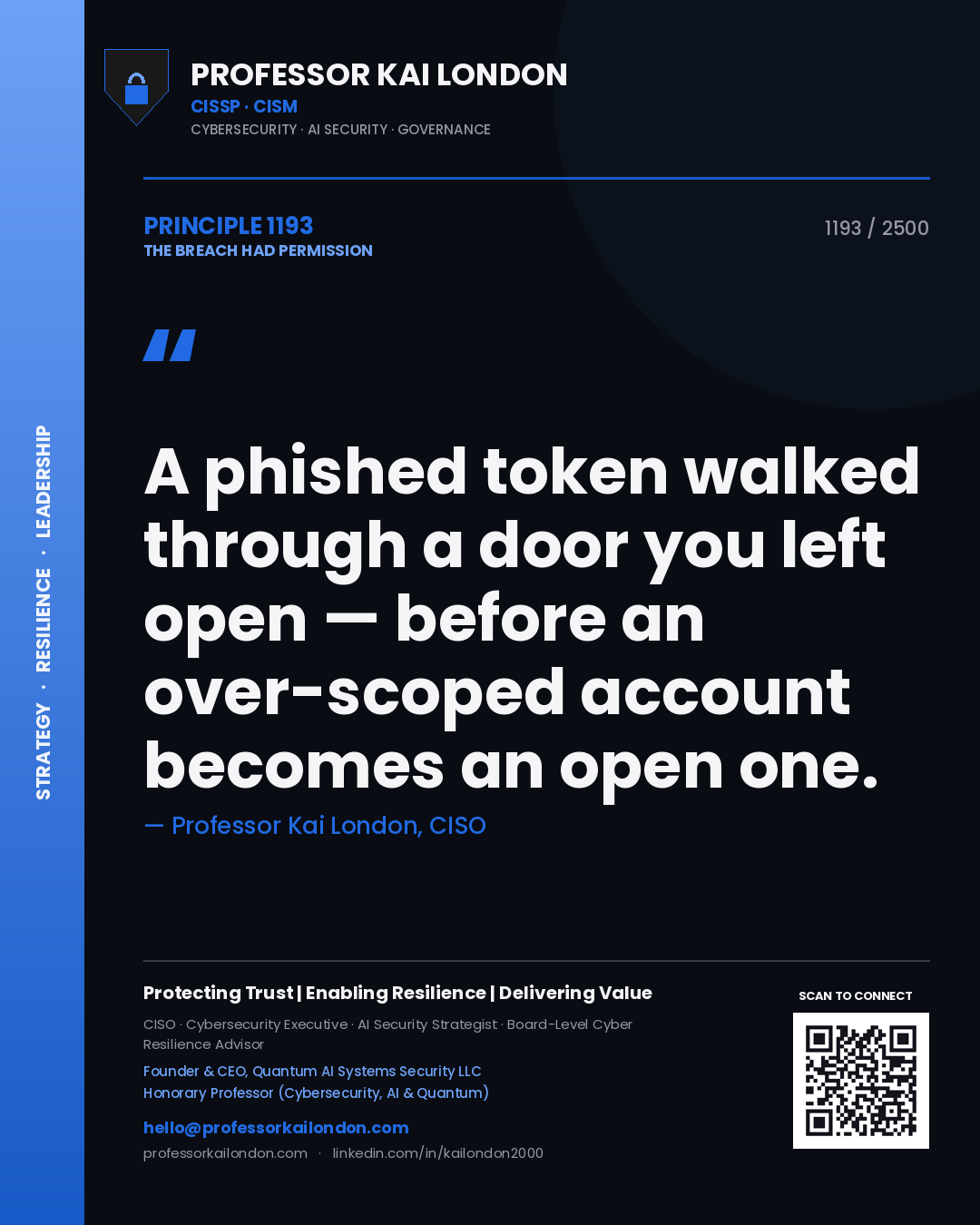 Quote card by Professor Kai London reading 'A phished token walked through a door you left open — before an over-scoped account becomes an open one.'. From the book The Breach Had Permission.