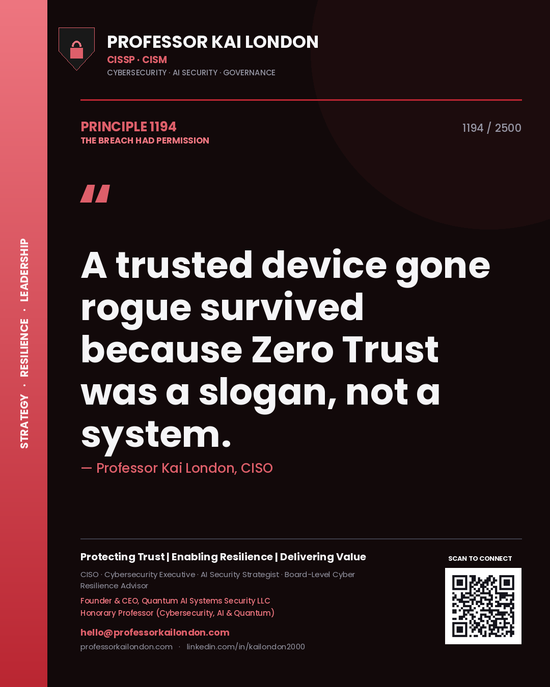 Quote card by Professor Kai London reading 'A trusted device gone rogue survived because Zero Trust was a slogan, not a system.'. From the book The Breach Had Permission.