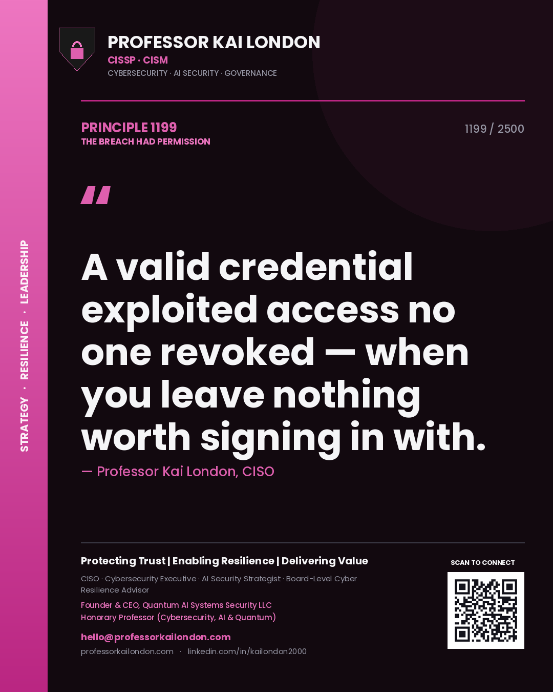 Professor Kai London principle 1199: A valid credential exploited access no one revoked — when you leave nothing worth signing in with.