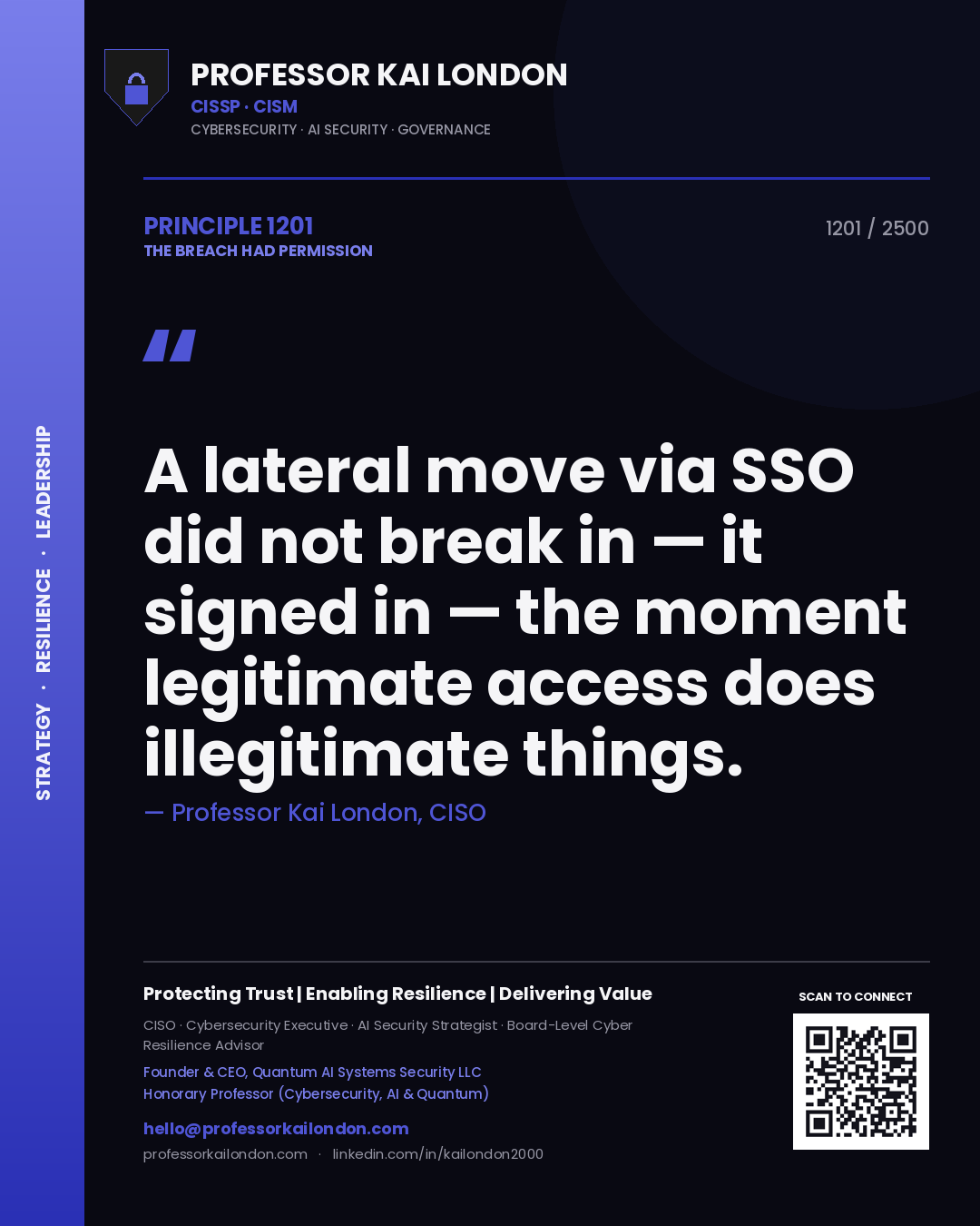 Quote card by Professor Kai London reading 'A lateral move via SSO did not break in — it signed in — the moment legitimate access does illegitimate things.'. From the book The Breach Had Permission.