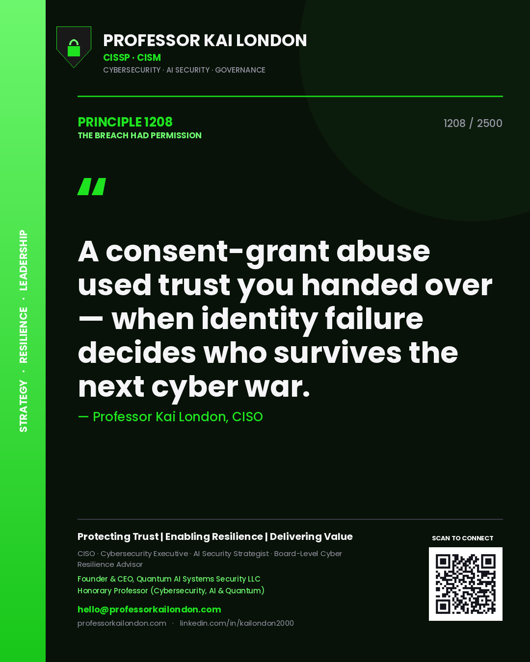 Professor Kai London principle 1208: A consent-grant abuse used trust you handed over — when identity failure decides who survives the next cyber war.