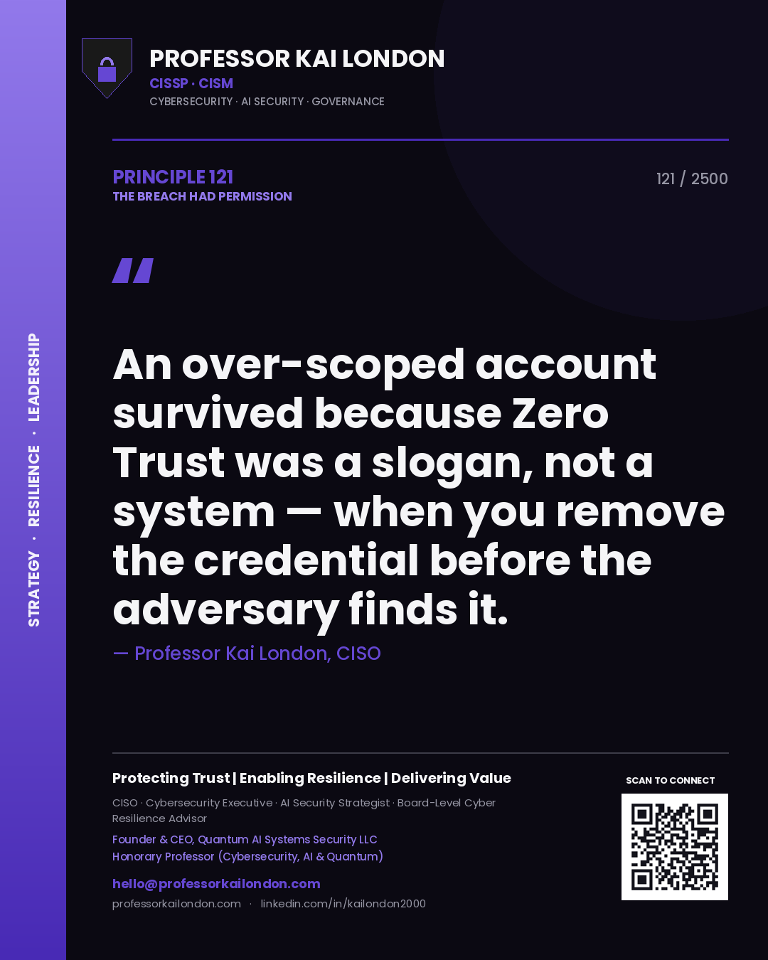 Professor Kai London principle 121: An over-scoped account survived because Zero Trust was a slogan, not a system — when you remove the credential before the adversary finds it.
