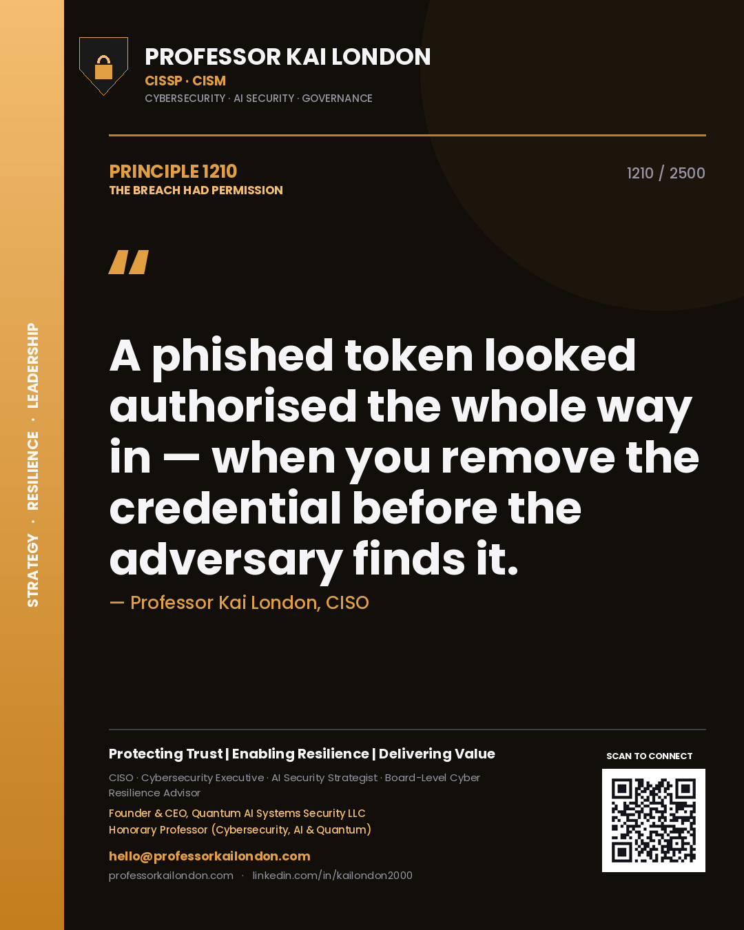 Quote card by Professor Kai London reading 'A phished token looked authorised the whole way in — when you remove the credential before the adversary finds it.'. From the book The Breach Had Permission.