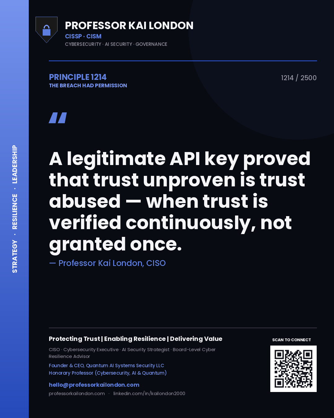 Quote card by Professor Kai London reading 'A legitimate API key proved that trust unproven is trust abused — when trust is verified continuously, not granted once.'. From the book The Breach Had Permission.