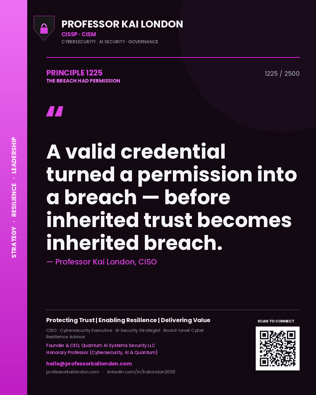 Quote card by Professor Kai London reading 'A valid credential turned a permission into a breach — before inherited trust becomes inherited breach.'. From the book The Breach Had Permission.