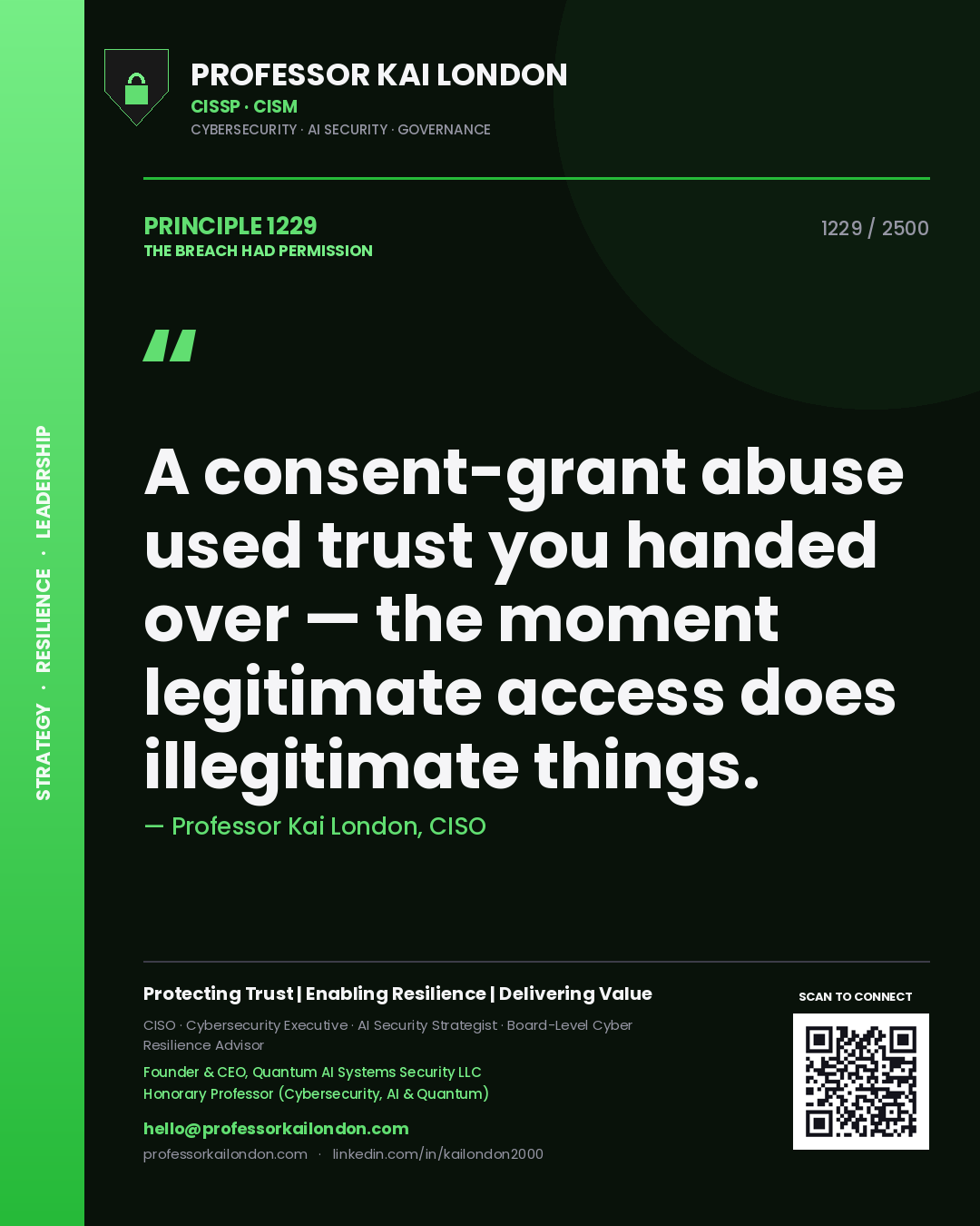 Quote card by Professor Kai London reading 'A consent-grant abuse used trust you handed over — the moment legitimate access does illegitimate things.'. From the book The Breach Had Permission.