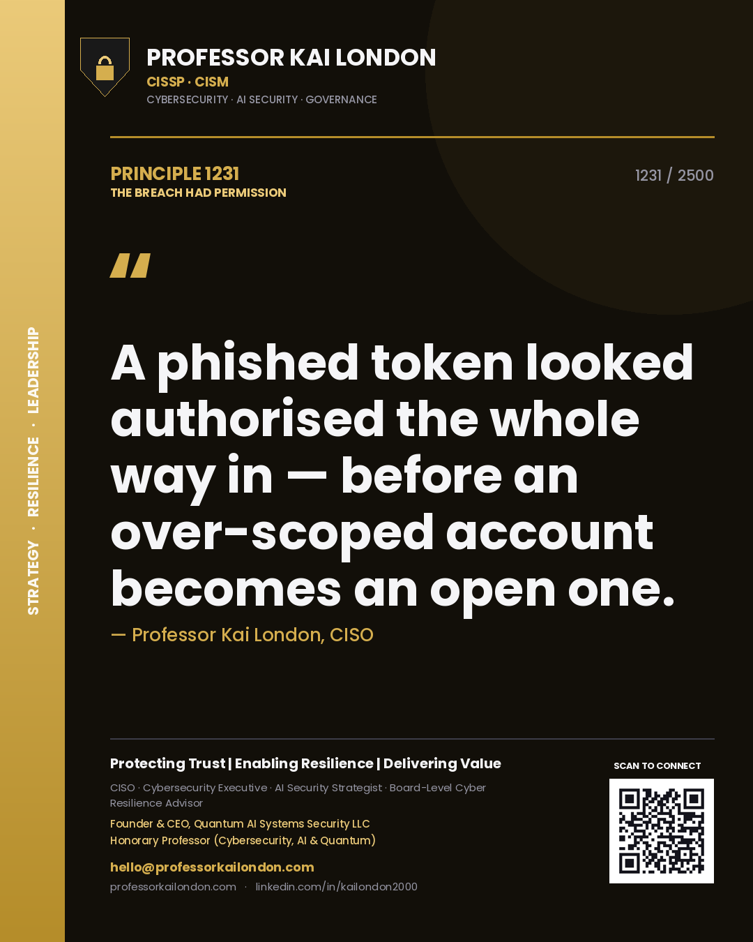 Quote card by Professor Kai London reading 'A phished token looked authorised the whole way in — before an over-scoped account becomes an open one.'. From the book The Breach Had Permission.