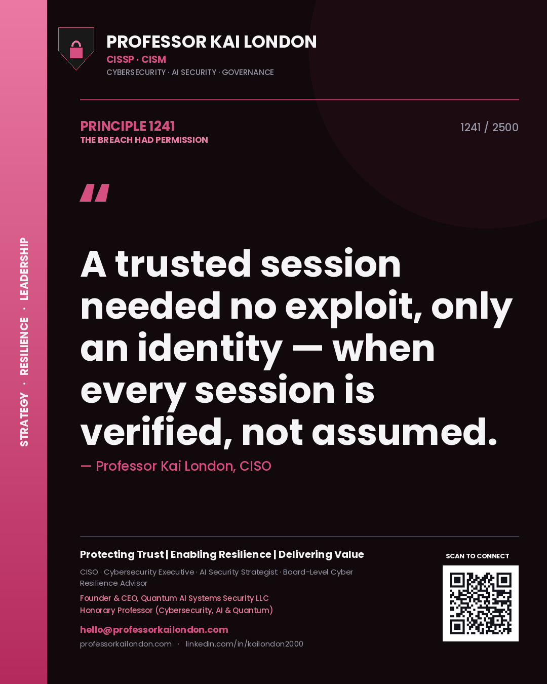 Quote card by Professor Kai London reading 'A trusted session needed no exploit, only an identity — when every session is verified, not assumed.'. From the book The Breach Had Permission.