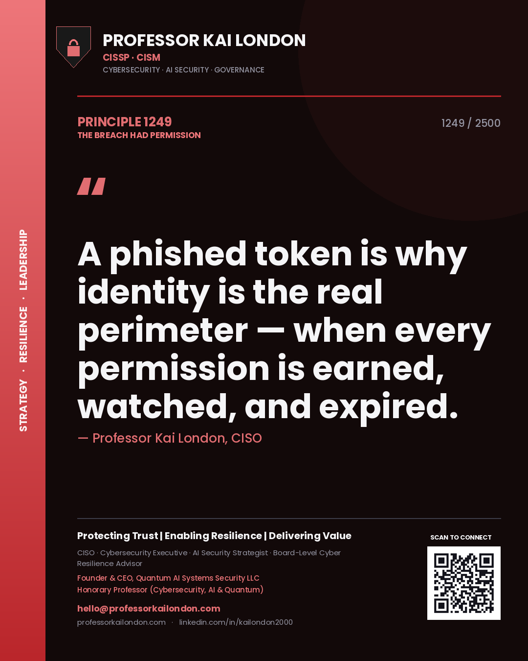 Professor Kai London principle 1249: A phished token is why identity is the real perimeter — when every permission is earned, watched, and expired.