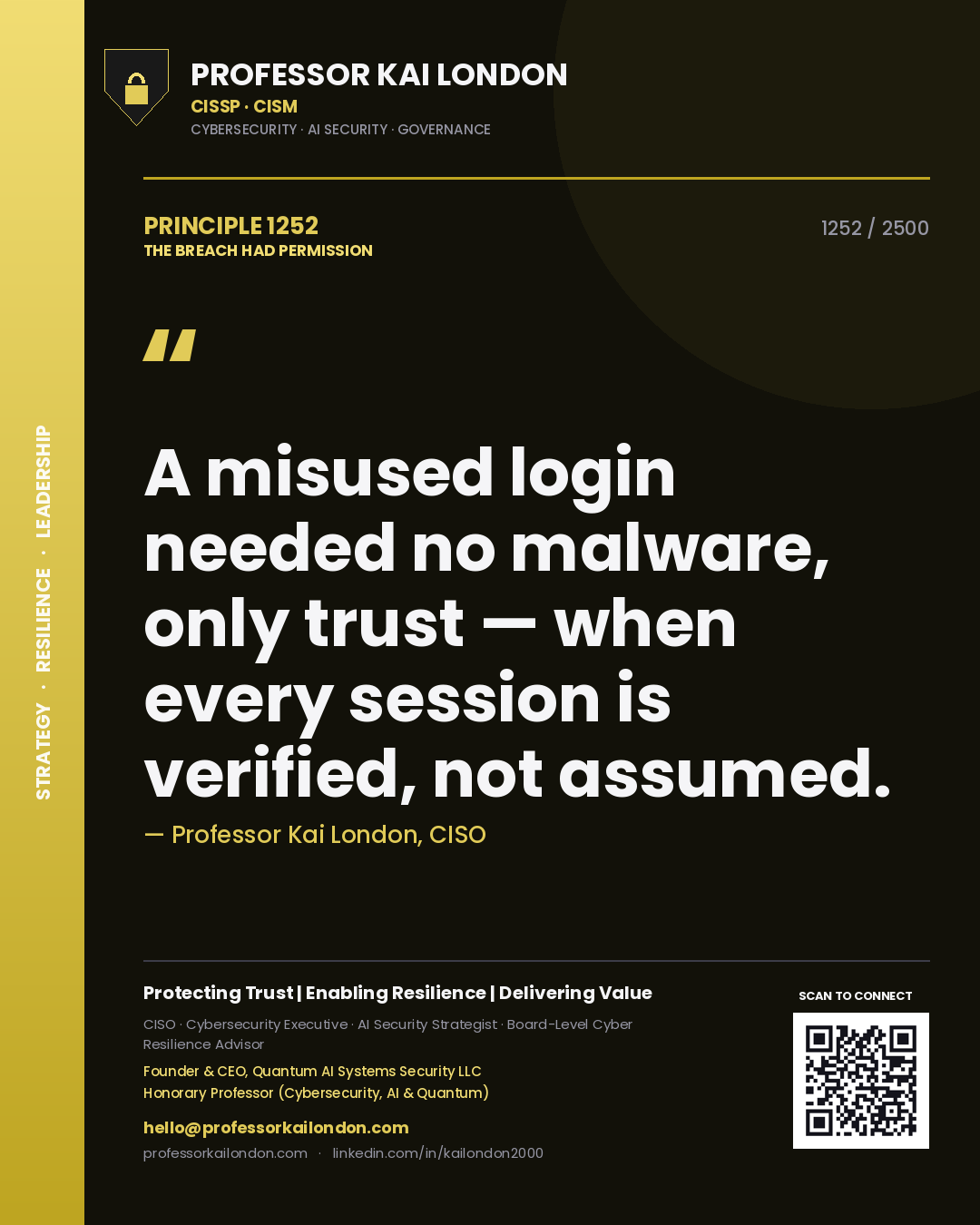 Quote card by Professor Kai London reading 'A misused login needed no malware, only trust — when every session is verified, not assumed.'. From the book The Breach Had Permission.