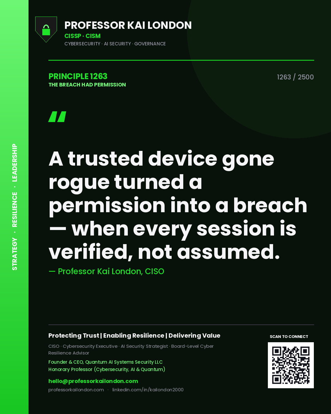 Quote card by Professor Kai London reading 'A trusted device gone rogue turned a permission into a breach — when every session is verified, not assumed.'. From the book The Breach Had Permission.