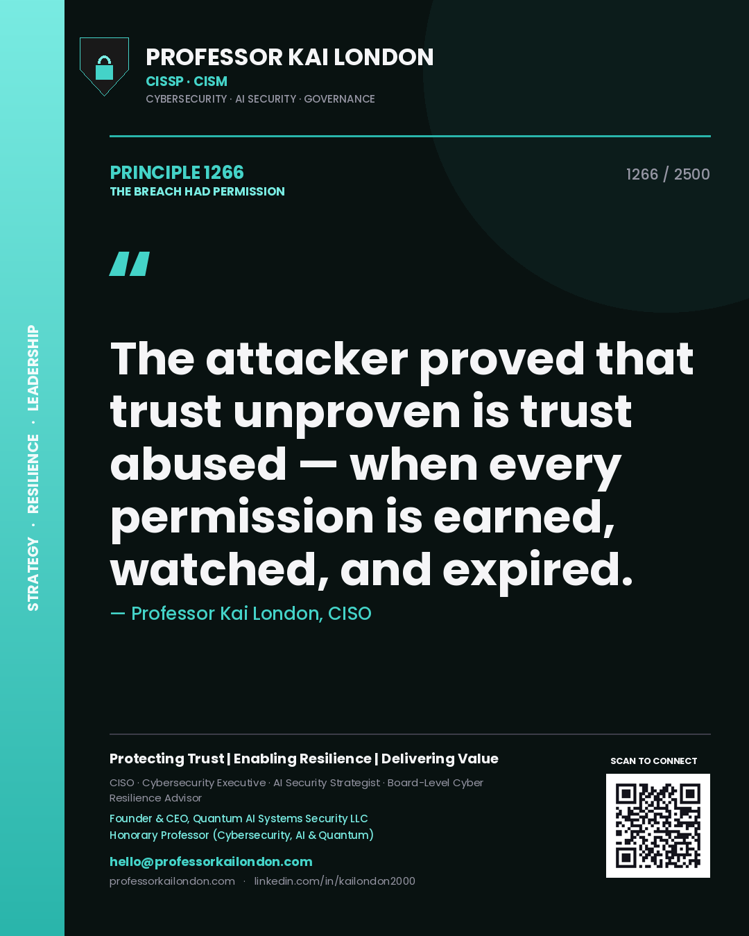 Quote card by Professor Kai London reading 'The attacker proved that trust unproven is trust abused — when every permission is earned, watched, and expired.'. From the book The Breach Had Permission.