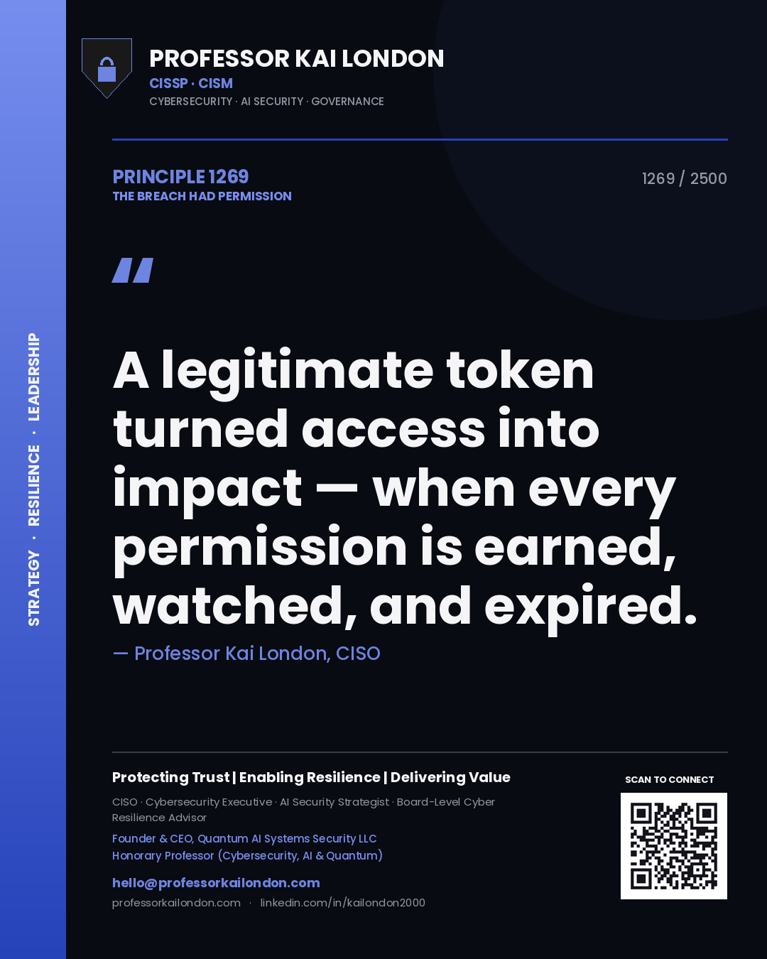 Quote card by Professor Kai London reading 'A legitimate token turned access into impact — when every permission is earned, watched, and expired.'. From the book The Breach Had Permission.