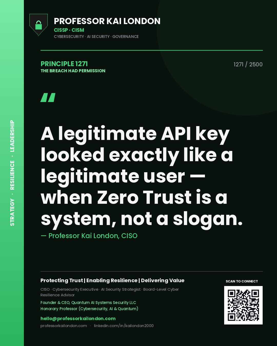 Quote card by Professor Kai London reading 'A legitimate API key looked exactly like a legitimate user — when Zero Trust is a system, not a slogan.'. From the book The Breach Had Permission.
