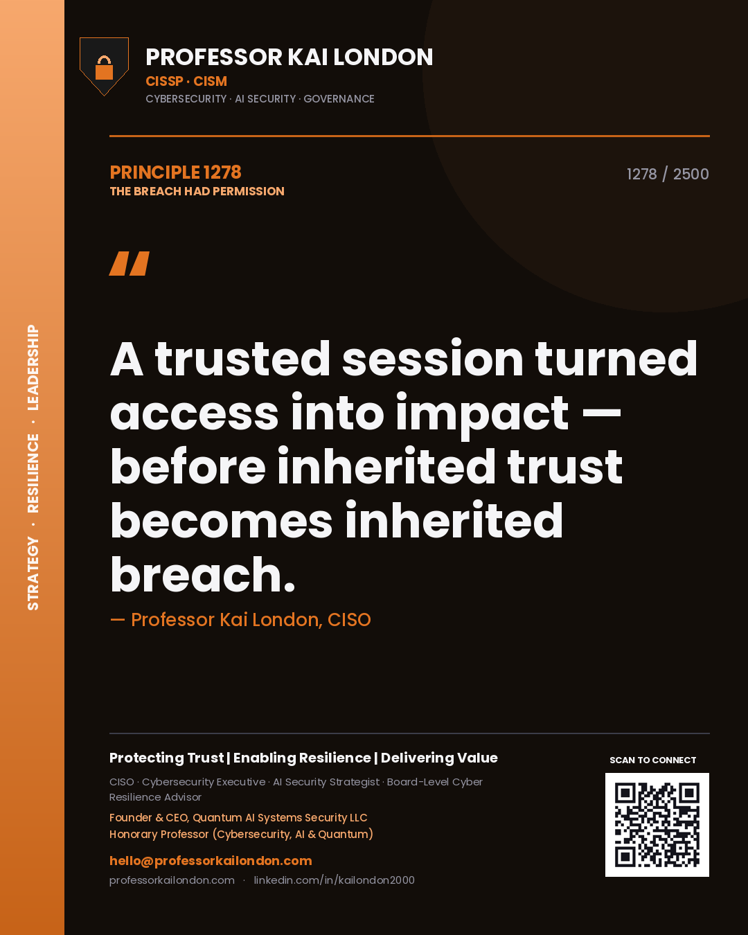 Quote card by Professor Kai London reading 'A trusted session turned access into impact — before inherited trust becomes inherited breach.'. From the book The Breach Had Permission.