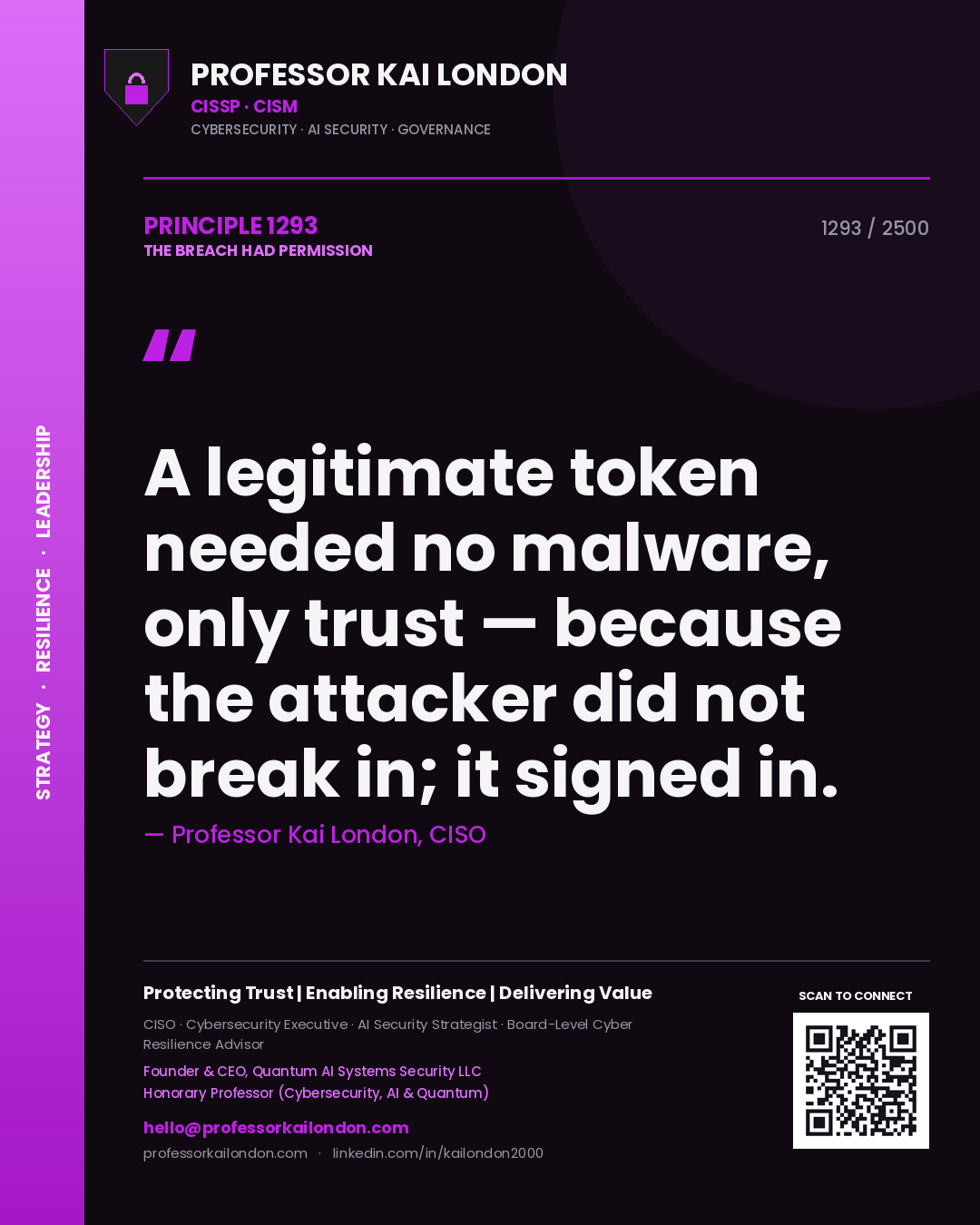 Quote card by Professor Kai London reading 'A legitimate token needed no malware, only trust — because the attacker did not break in; it signed in.'. From the book The Breach Had Permission.