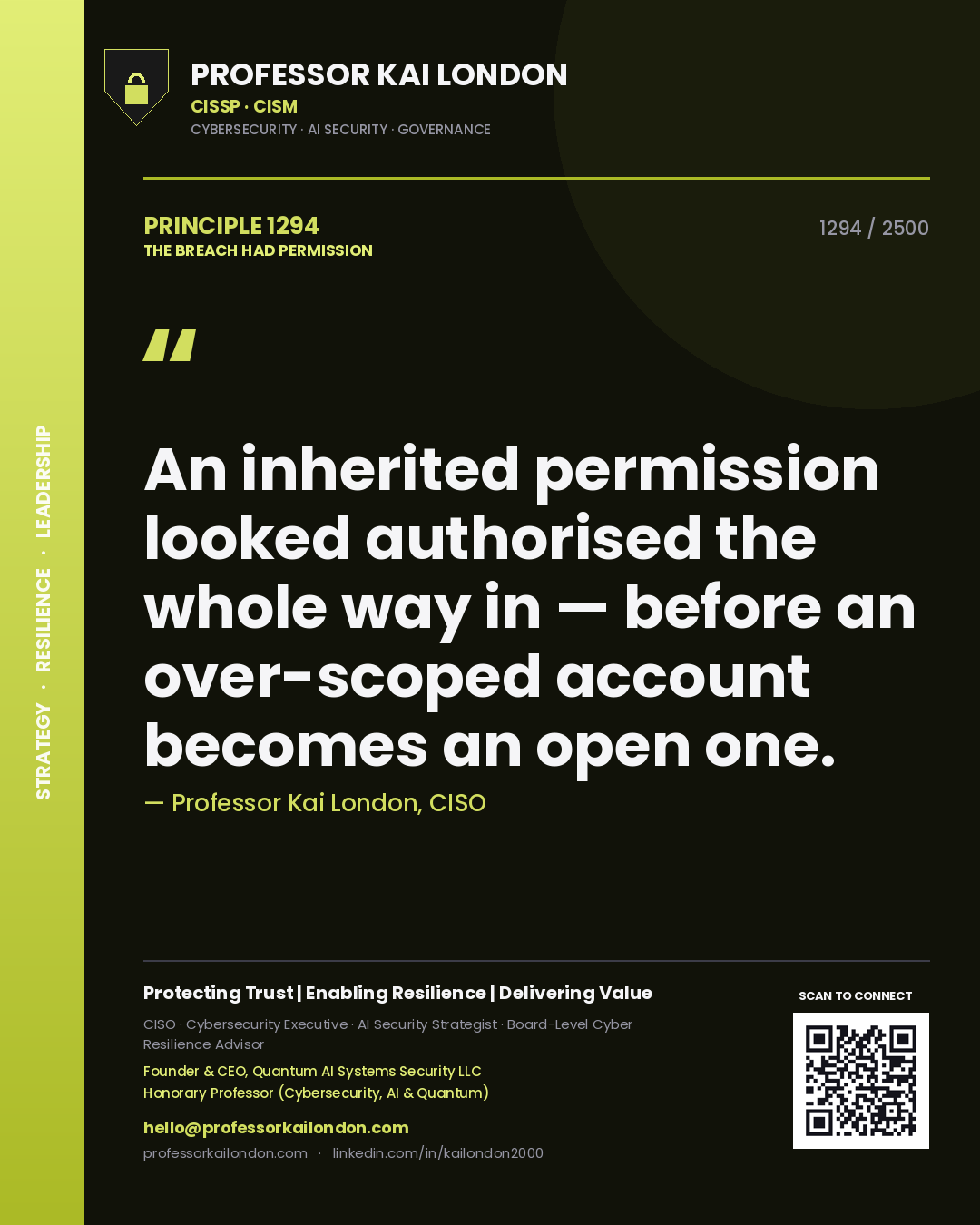 Professor Kai London principle 1294: An inherited permission looked authorised the whole way in — before an over-scoped account becomes an open one.