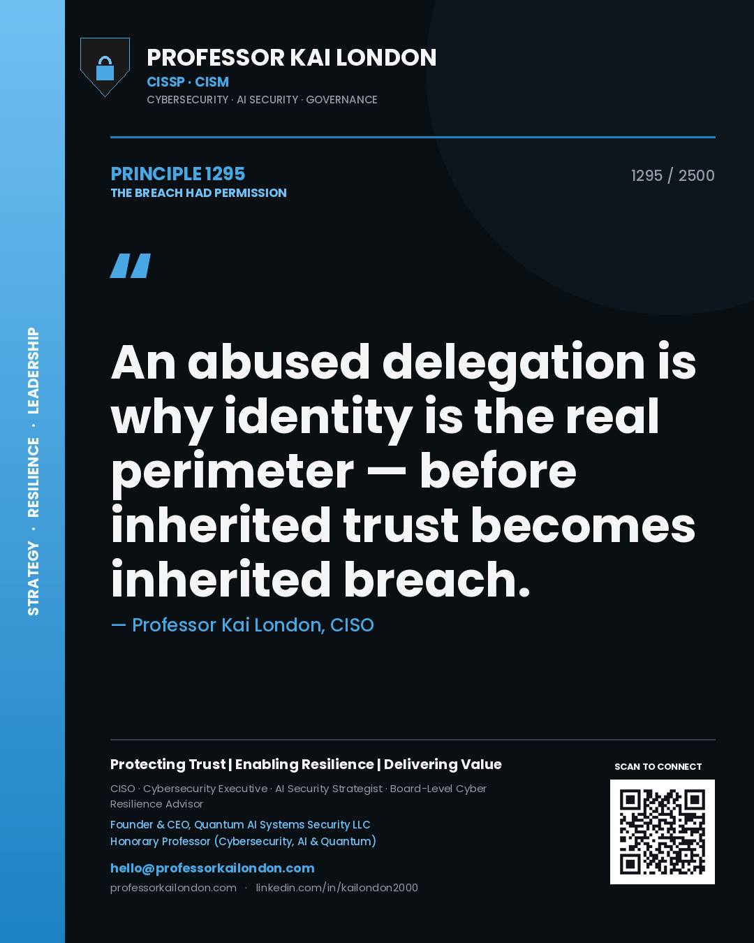 Quote card by Professor Kai London reading 'An abused delegation is why identity is the real perimeter — before inherited trust becomes inherited breach.'. From the book The Breach Had Permission.