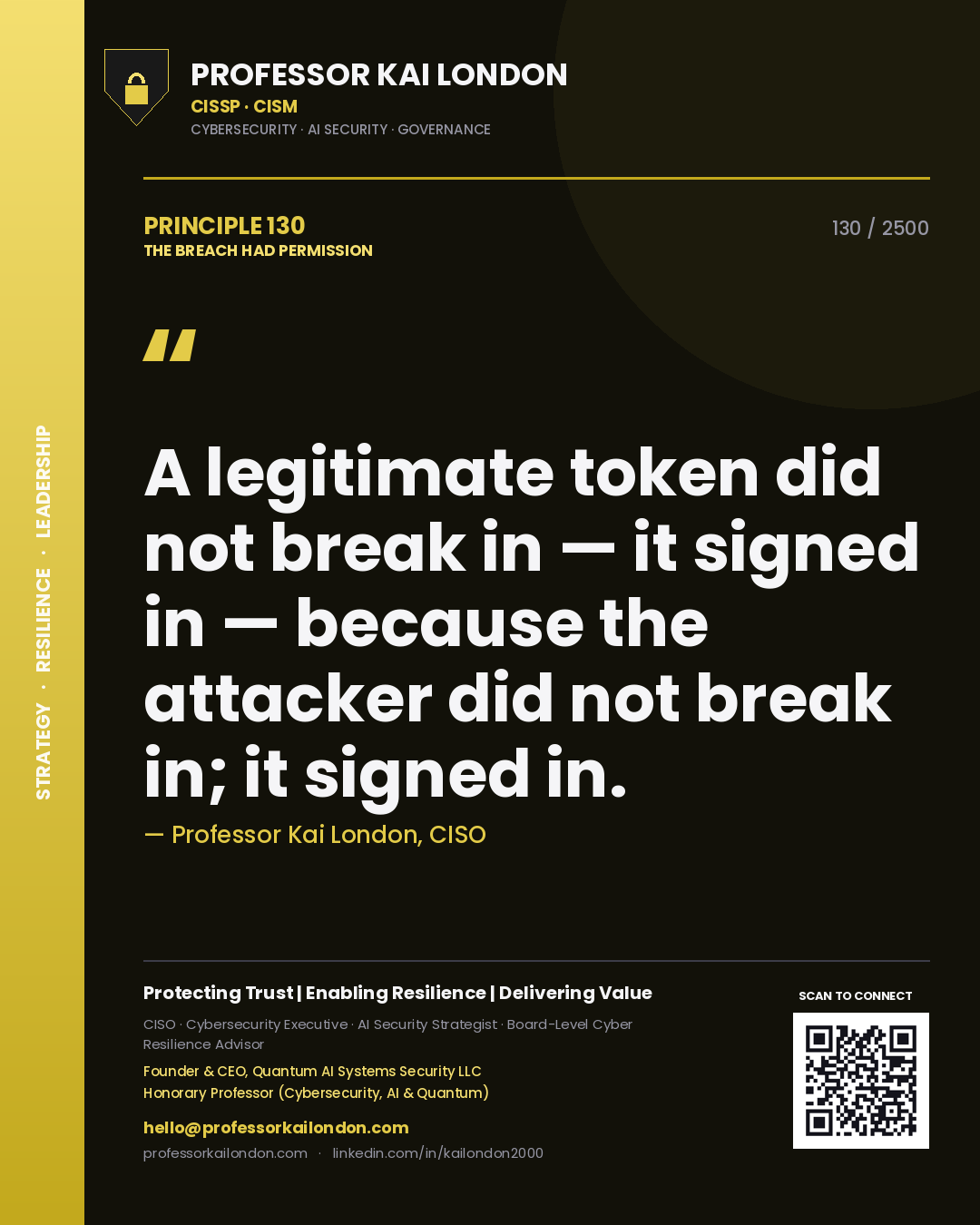 Quote card by Professor Kai London reading 'A legitimate token did not break in — it signed in — because the attacker did not break in; it signed in.'. From the book The Breach Had Permission.