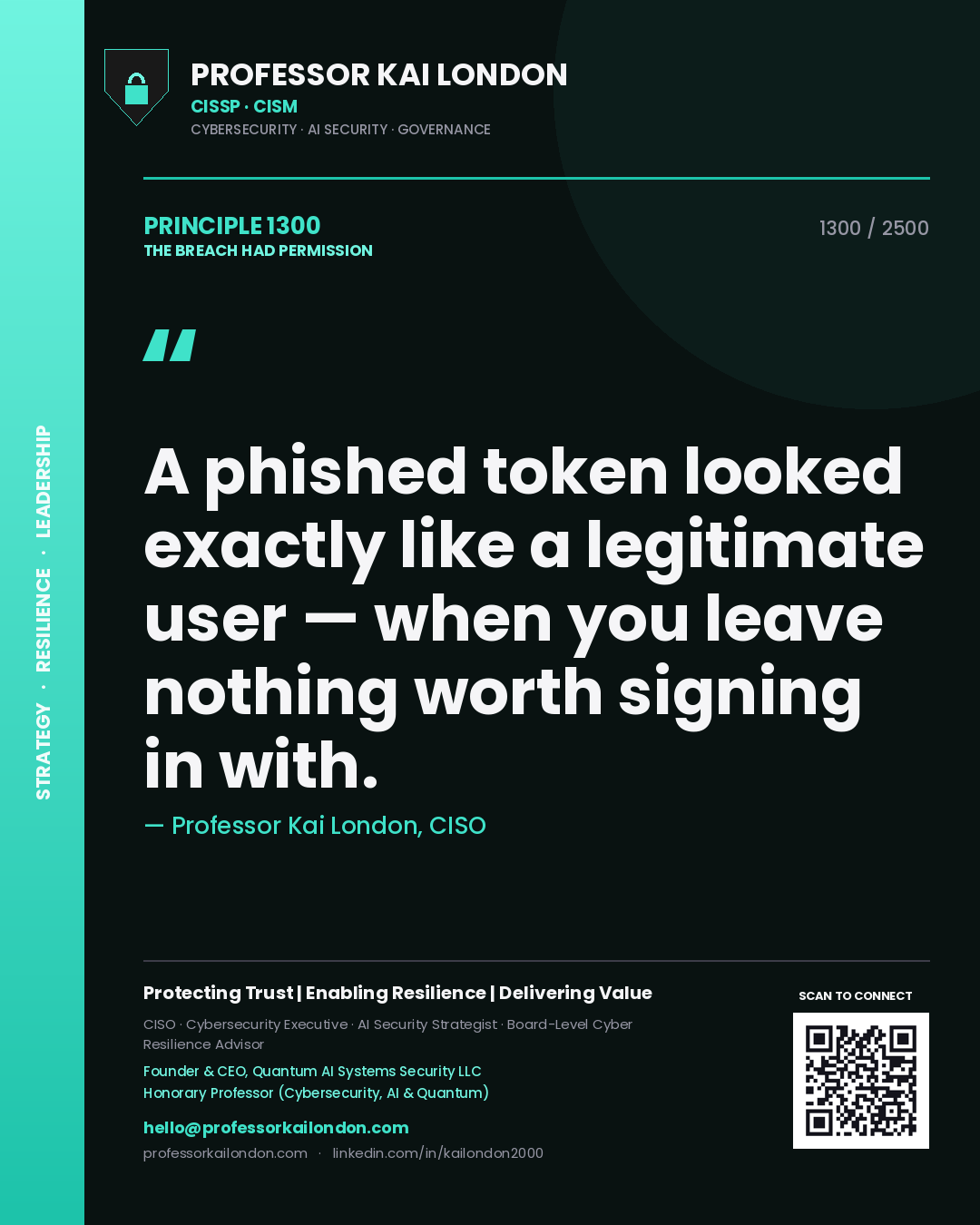 Quote card by Professor Kai London reading 'A phished token looked exactly like a legitimate user — when you leave nothing worth signing in with.'. From the book The Breach Had Permission.