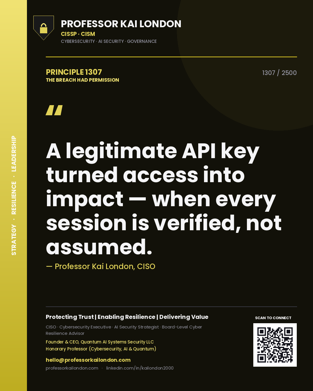 Quote card by Professor Kai London reading 'A legitimate API key turned access into impact — when every session is verified, not assumed.'. From the book The Breach Had Permission.