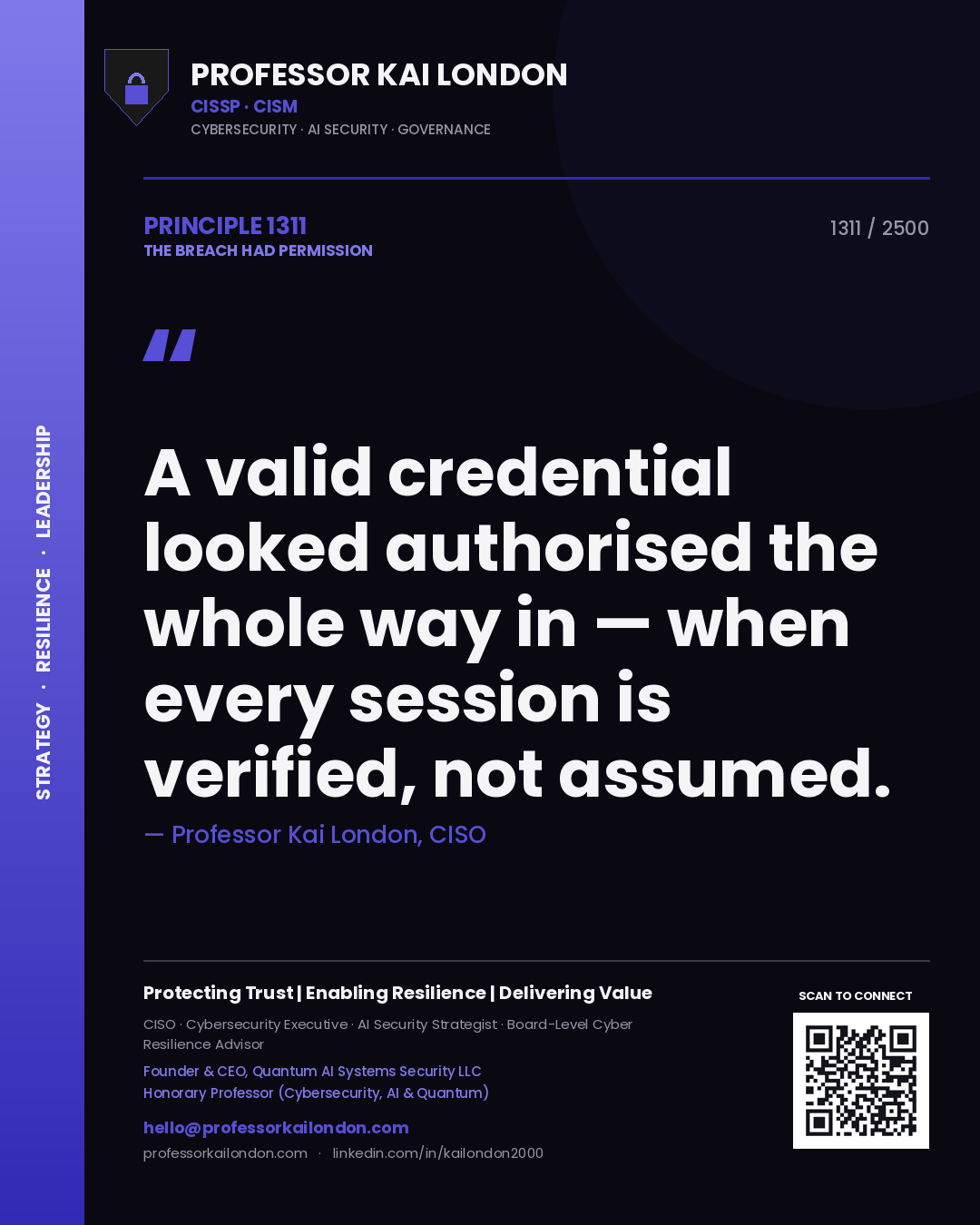 Quote card by Professor Kai London reading 'A valid credential looked authorised the whole way in — when every session is verified, not assumed.'. From the book The Breach Had Permission.
