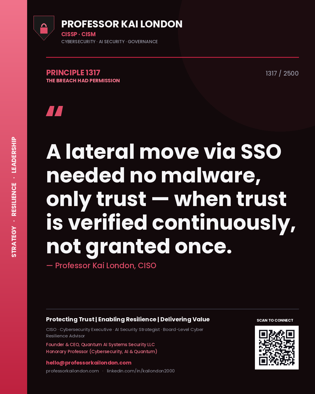 Quote card by Professor Kai London reading 'A lateral move via SSO needed no malware, only trust — when trust is verified continuously, not granted once.'. From the book The Breach Had Permission.