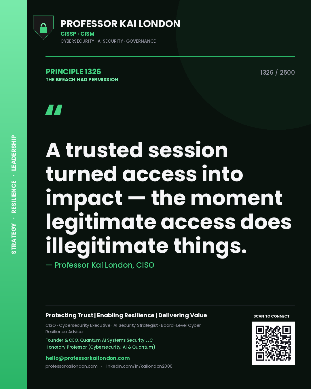 Quote card by Professor Kai London reading 'A trusted session turned access into impact — the moment legitimate access does illegitimate things.'. From the book The Breach Had Permission.