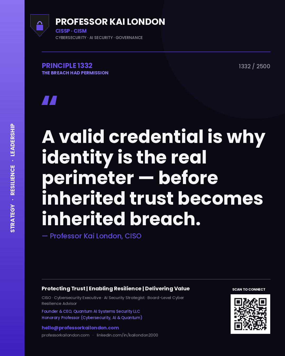 Quote card by Professor Kai London reading 'A valid credential is why identity is the real perimeter — before inherited trust becomes inherited breach.'. From the book The Breach Had Permission.