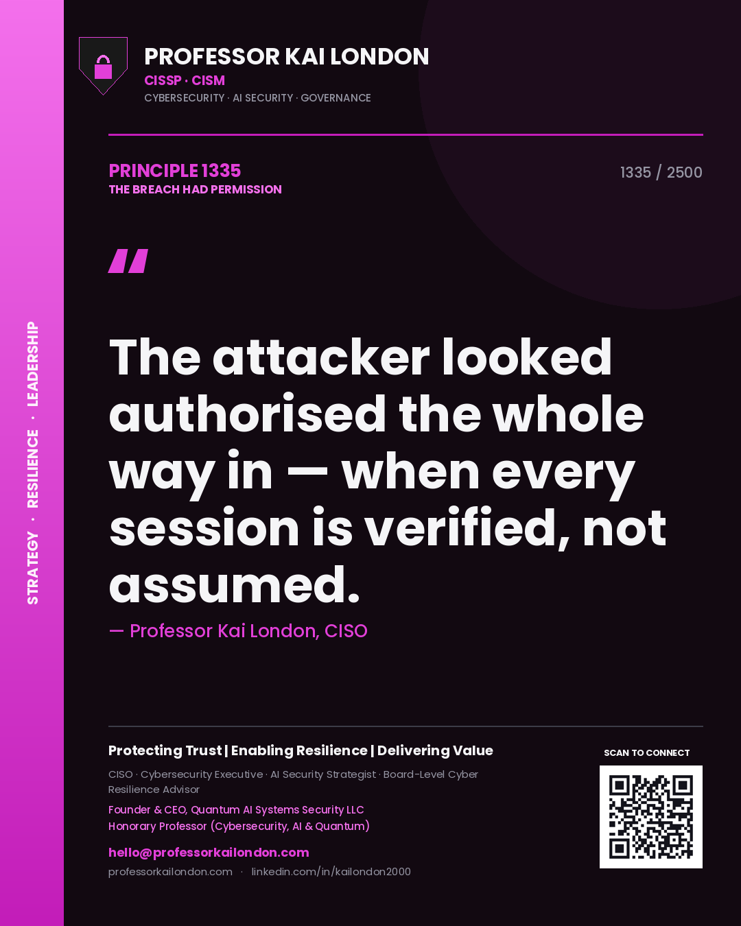 Quote card by Professor Kai London reading 'The attacker looked authorised the whole way in — when every session is verified, not assumed.'. From the book The Breach Had Permission.