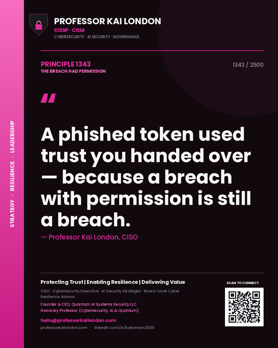 Quote card by Professor Kai London reading 'A phished token used trust you handed over — because a breach with permission is still a breach.'. From the book The Breach Had Permission.