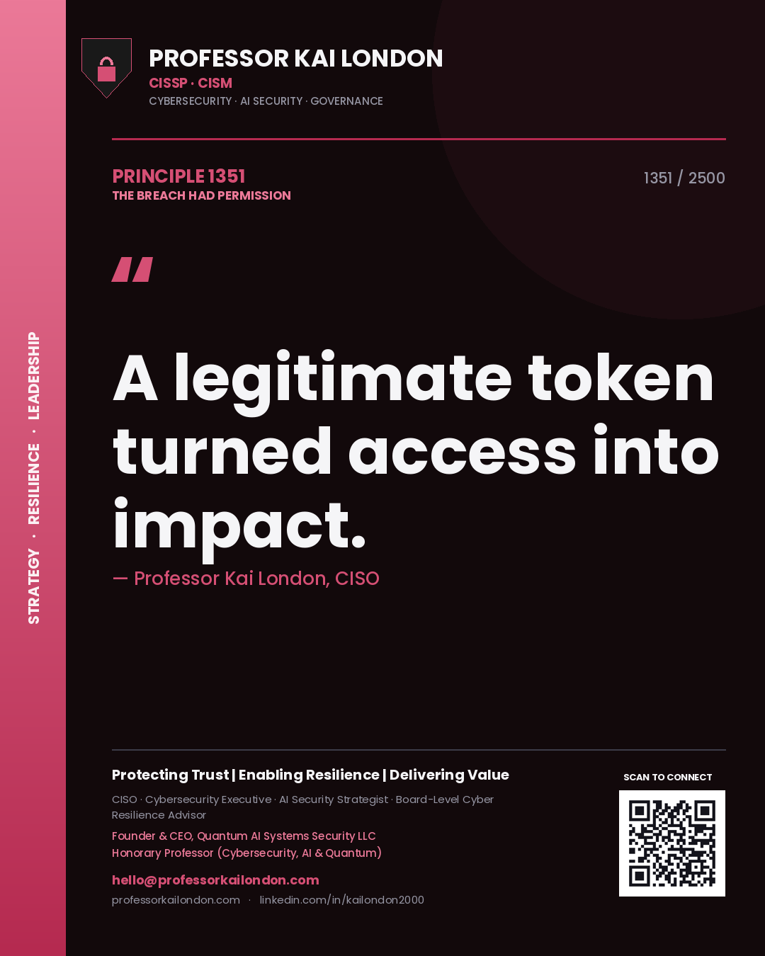 Quote card by Professor Kai London reading 'A legitimate token turned access into impact.'. From the book The Breach Had Permission.