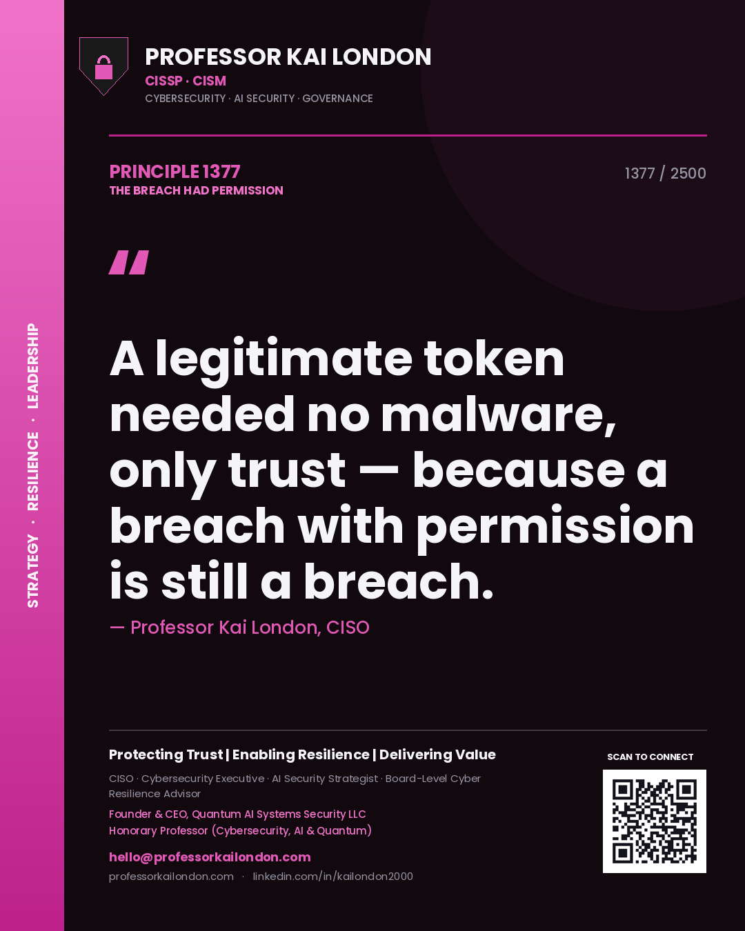 Quote card by Professor Kai London reading 'A legitimate token needed no malware, only trust — because a breach with permission is still a breach.'. From the book The Breach Had Permission.