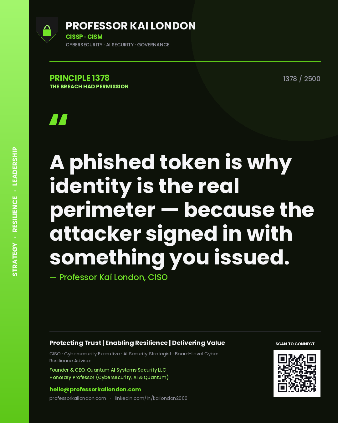 Quote card by Professor Kai London reading 'A phished token is why identity is the real perimeter — because the attacker signed in with something you issued.'. From the book The Breach Had Permission.