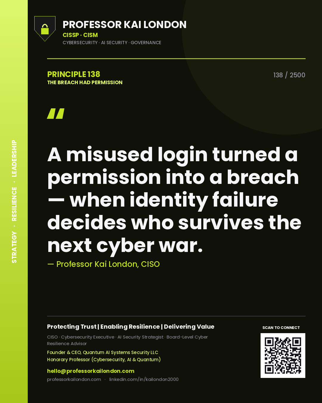 Quote card by Professor Kai London reading 'A misused login turned a permission into a breach — when identity failure decides who survives the next cyber war.'. From the book The Breach Had Permission.