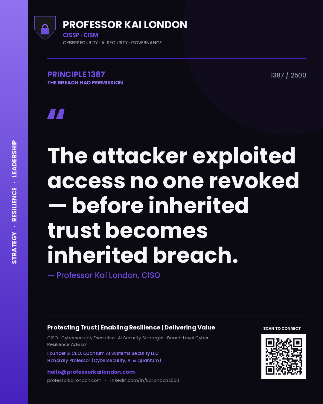 Quote card by Professor Kai London reading 'The attacker exploited access no one revoked — before inherited trust becomes inherited breach.'. From the book The Breach Had Permission.