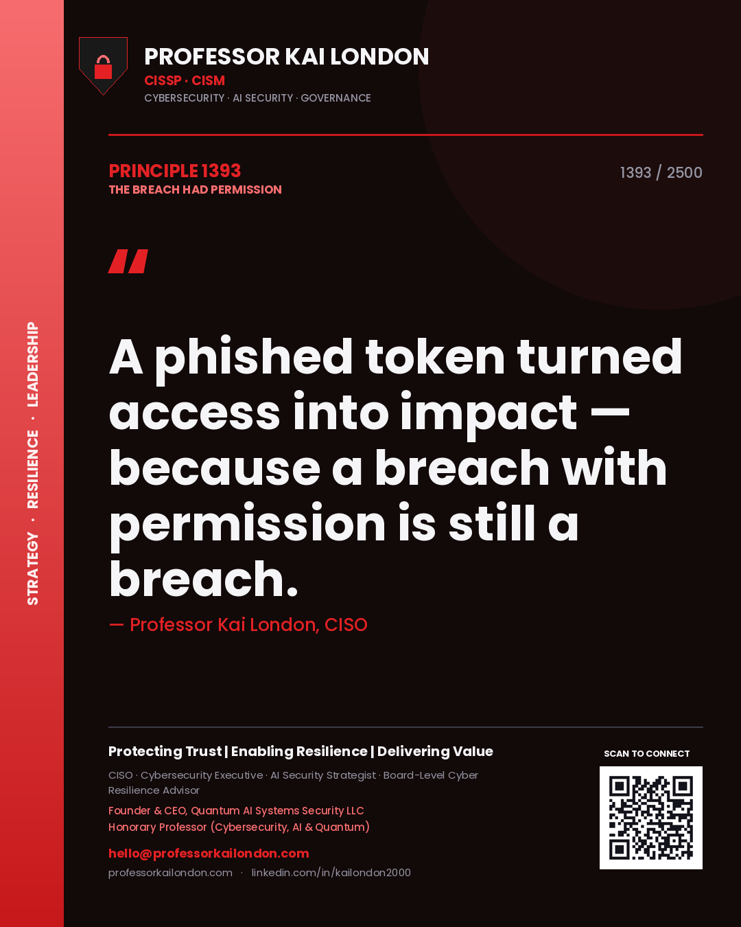 Quote card by Professor Kai London reading 'A phished token turned access into impact — because a breach with permission is still a breach.'. From the book The Breach Had Permission.