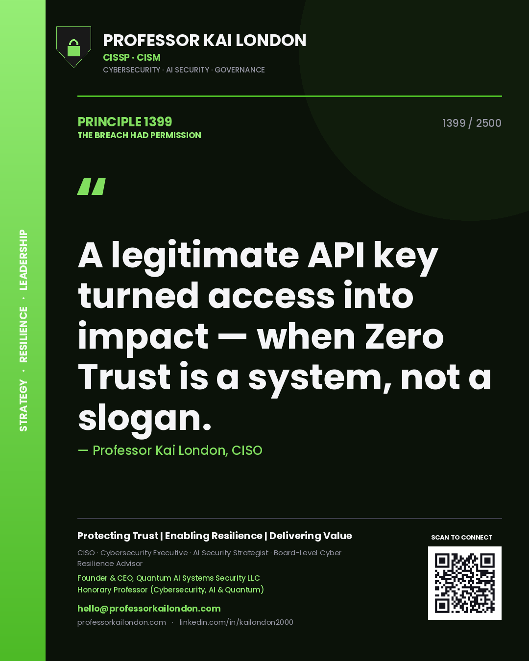 Quote card by Professor Kai London reading 'A legitimate API key turned access into impact — when Zero Trust is a system, not a slogan.'. From the book The Breach Had Permission.