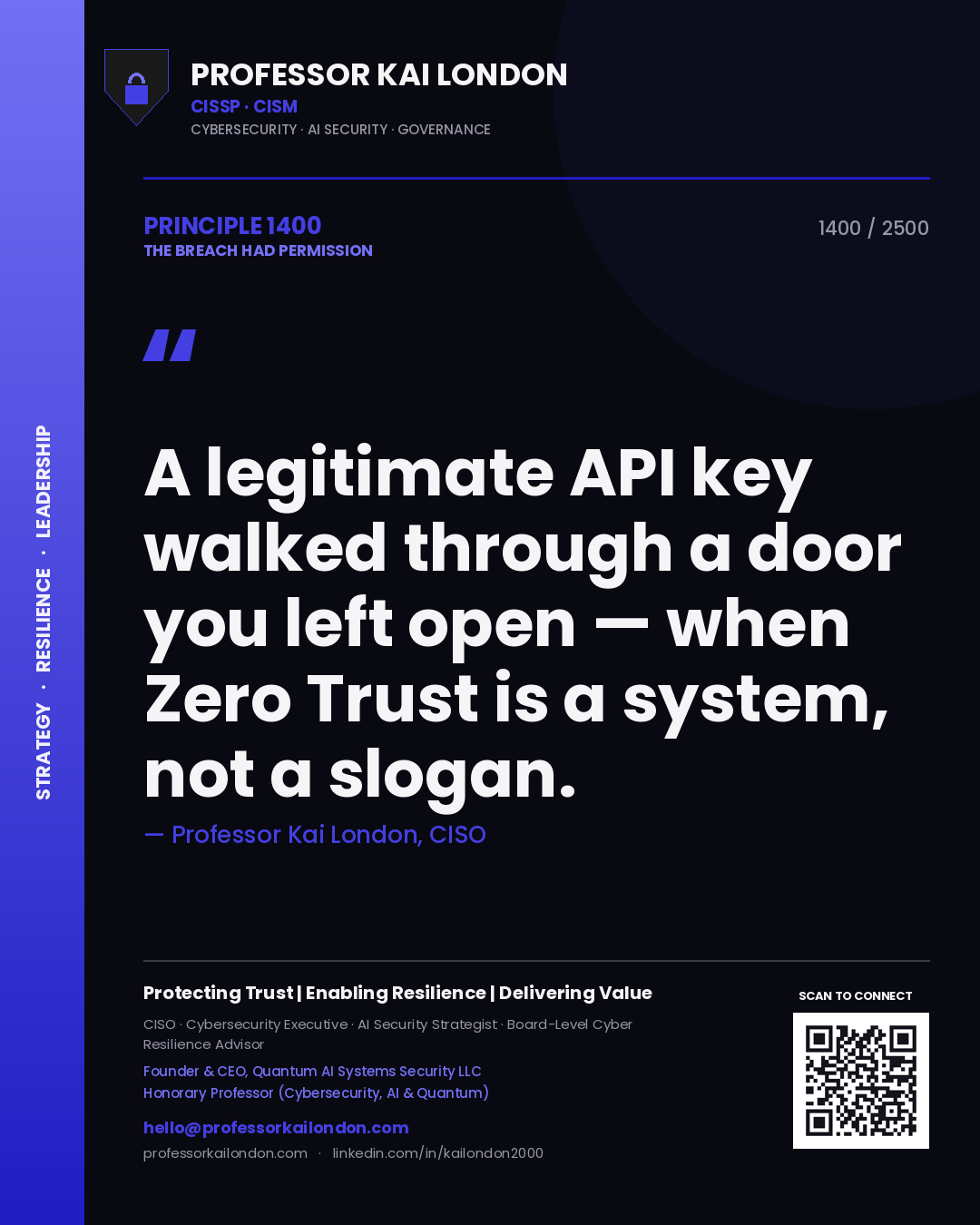 Professor Kai London principle 1400: A legitimate API key walked through a door you left open — when Zero Trust is a system, not a slogan.