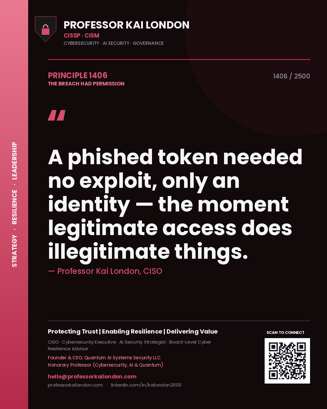 Professor Kai London principle 1406: A phished token needed no exploit, only an identity — the moment legitimate access does illegitimate things.