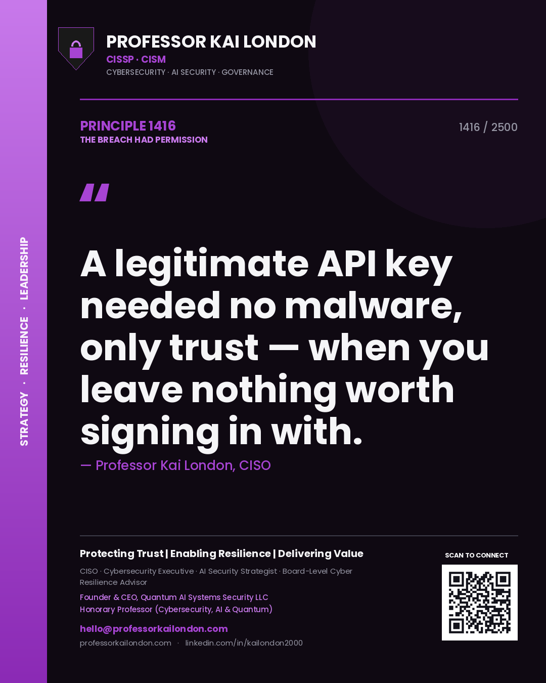 Quote card by Professor Kai London reading 'A legitimate API key needed no malware, only trust — when you leave nothing worth signing in with.'. From the book The Breach Had Permission.