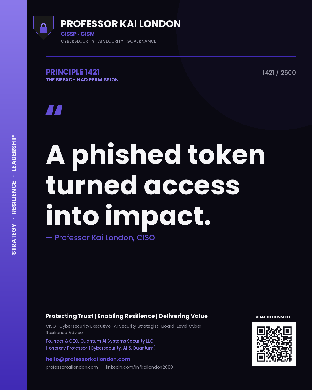 Quote card by Professor Kai London reading 'A phished token turned access into impact.'. From the book The Breach Had Permission.