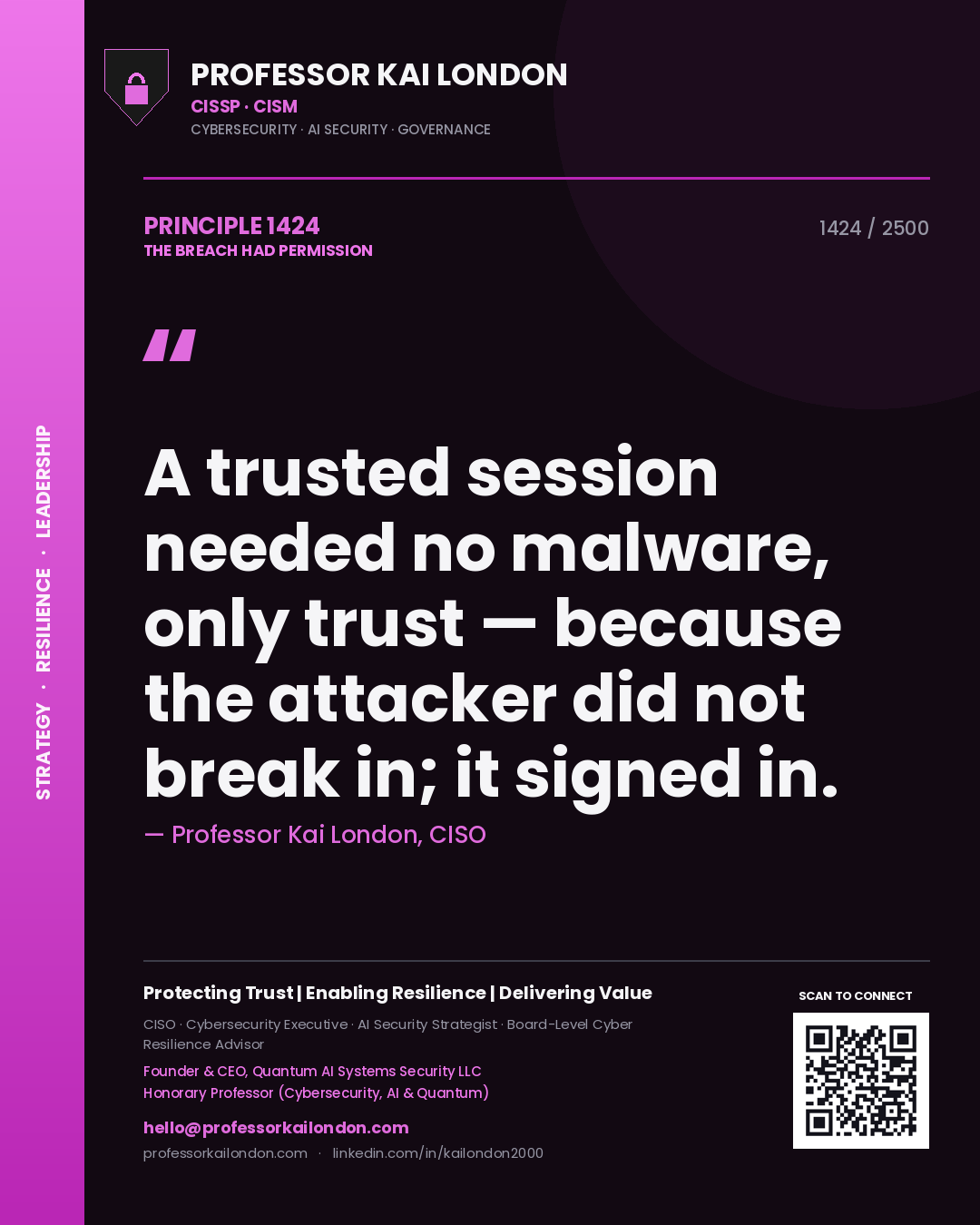 Quote card by Professor Kai London reading 'A trusted session needed no malware, only trust — because the attacker did not break in; it signed in.'. From the book The Breach Had Permission.
