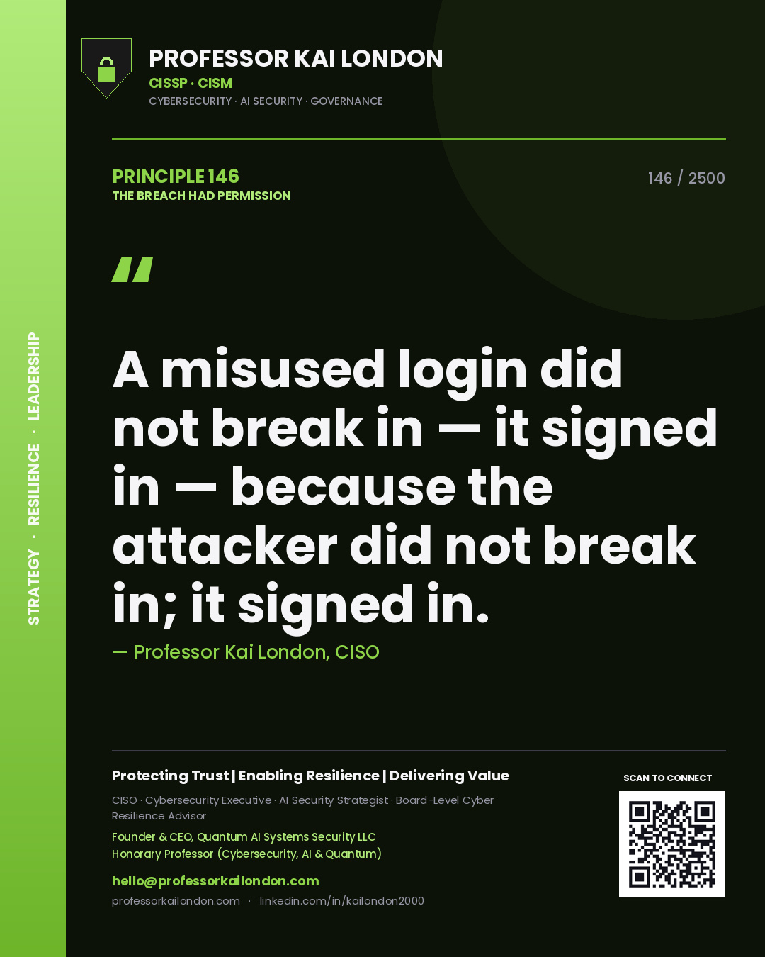 Professor Kai London principle 146: A misused login did not break in — it signed in — because the attacker did not break in; it signed in.