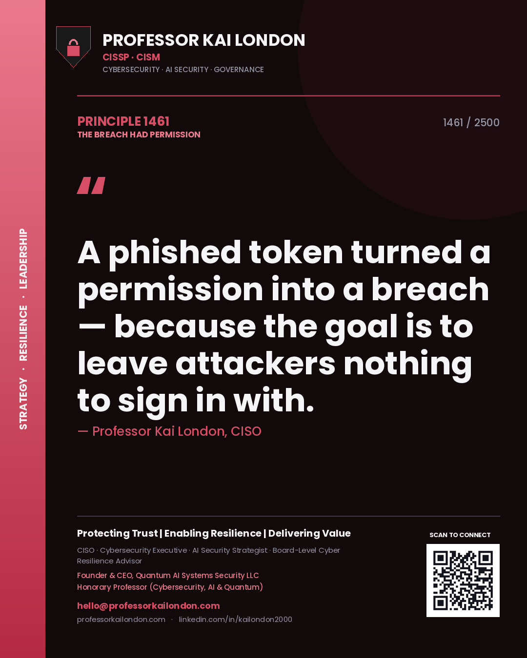 Quote card by Professor Kai London reading 'A phished token turned a permission into a breach — because the goal is to leave attackers nothing to sign in with.'. From the book The Breach Had Permission.